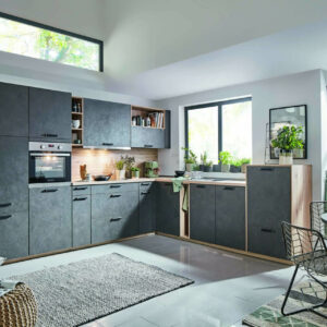 Winkelküche / L-Küche mit Fronten in Schwarz-Beton-Optik